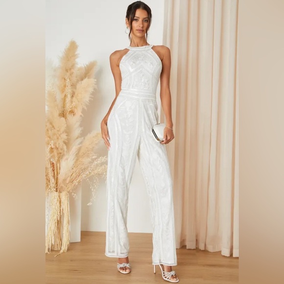 Lulus Pants - NWT Tell Me Everything White Beaded Sequin Wide-Leg Jumpsuit